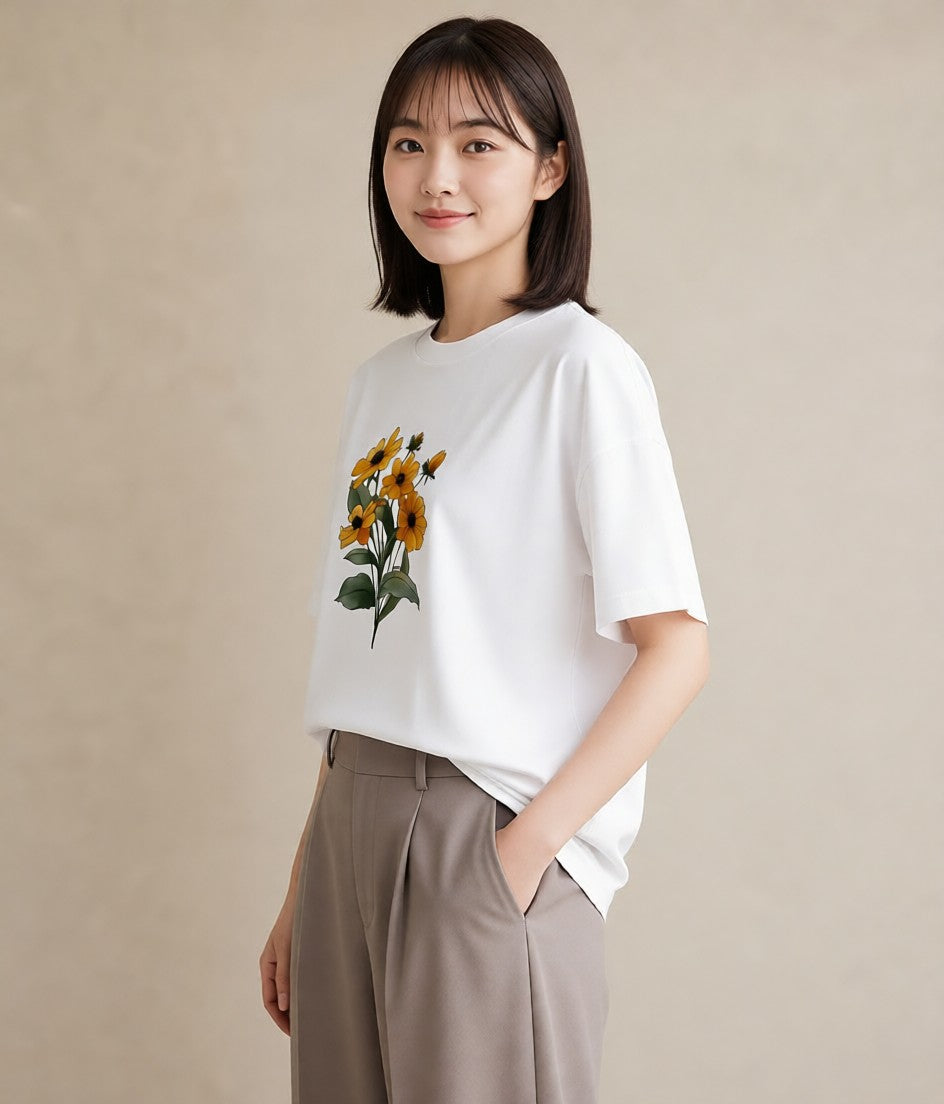 半袖Tシャツ レディース ひまわり 向日葵 花 花柄 イラスト ポップ ビーチ デイリーウェア 白T YMAZO