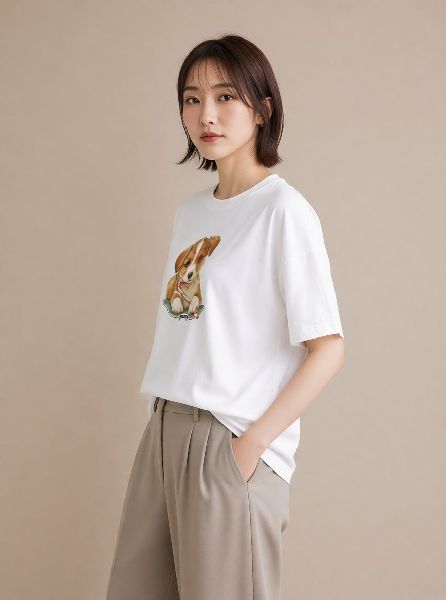 デザインTシャツ レディース いぬ 犬 ワンコ イラスト ガーリー カフェ服 クリスマス 白T YMAZO