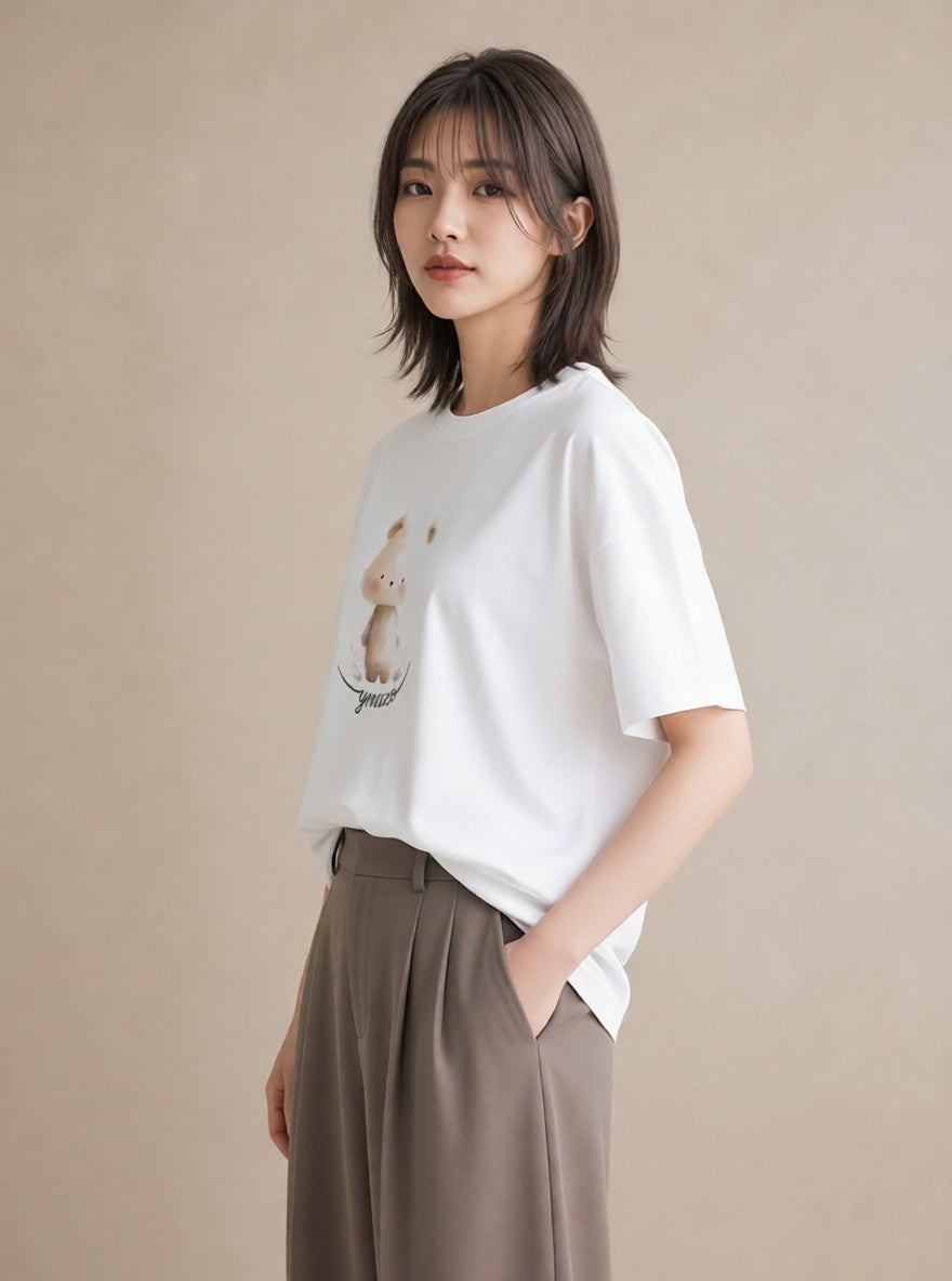 グラフィックTシャツ レディース くま クマ ベア 動物 アニマル イラスト ラフカジュアル お出かけ 普段着 白T YMAZO