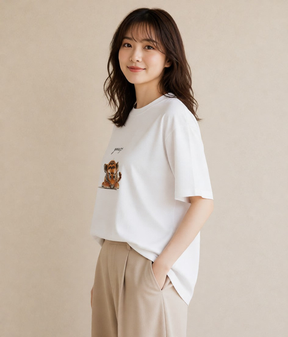 半袖Tシャツ レディース とら 動物 アニマル イラスト 韓国風 通勤 在宅 白T YMAZO