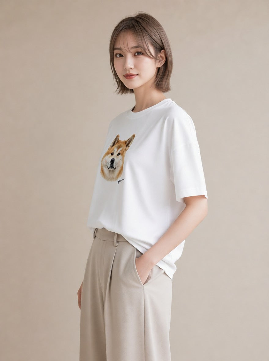 半袖Tシャツ レディース 秋田犬 犬 いぬ イラスト ユニーク 母娘コーデ 自分用 白T YMAZO
