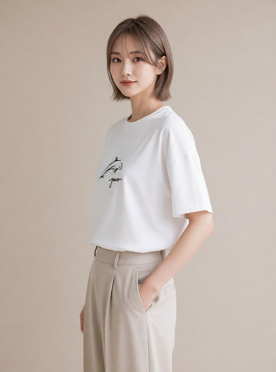 プリントTシャツ レディース イルカ 海の生き物 海 イラスト ヴィンテージ風 おしゃれギフト 社会人 白T YMAZO