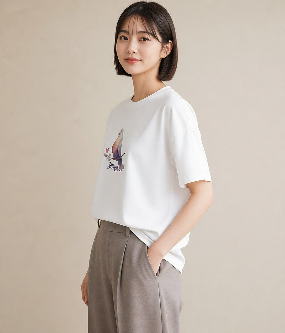 グラフィックTシャツ レディース インコ ペット 動物 イラスト ミニマル ママ カフェ服 白T YMAZO