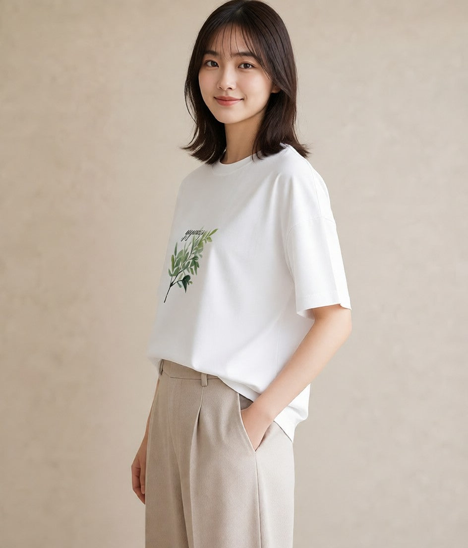 グラフィックTシャツ レディース ユーカリ 植物 ボタニカル イラスト ゆるコーデ ペアコーデ 秋コーデ 白T YMAZO