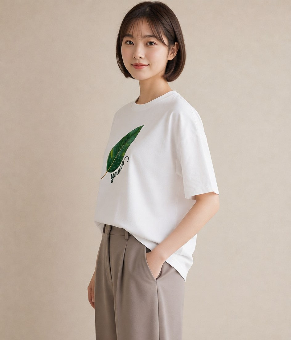半袖Tシャツ レディース 葉っぱ 植物 ボタニカル イラスト モード 女子会 お揃い 白T YMAZO