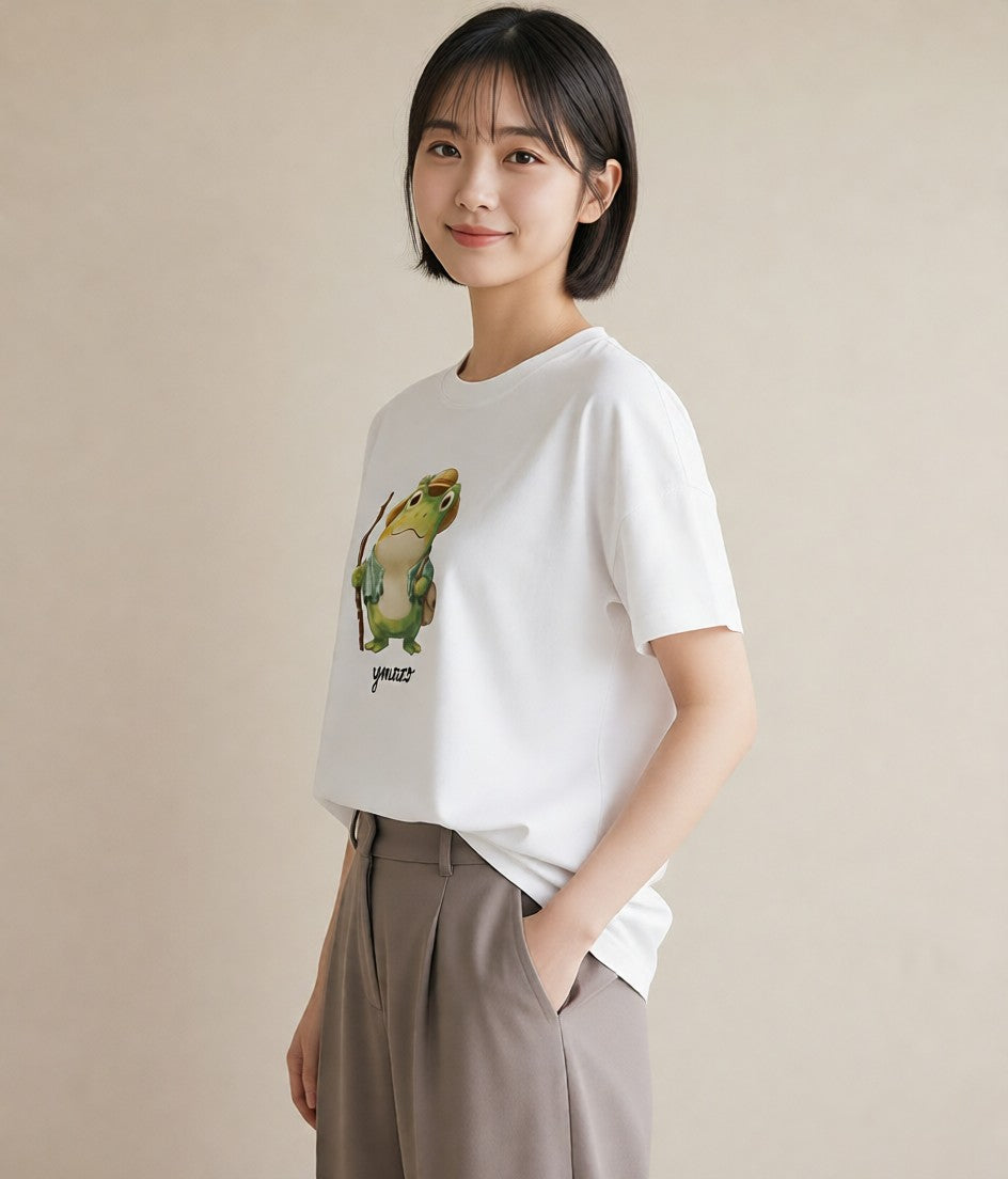 半袖Tシャツ レディース アマガエル ペット 動物 イラスト きれいめ ルームウェア ギフト 白T YMAZO