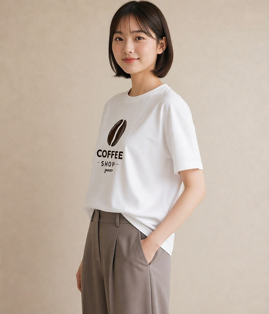 プリントTシャツ レディース カフェ カフェロゴ ロゴ イラスト シンプル 帰省 ラフ 白T YMAZO