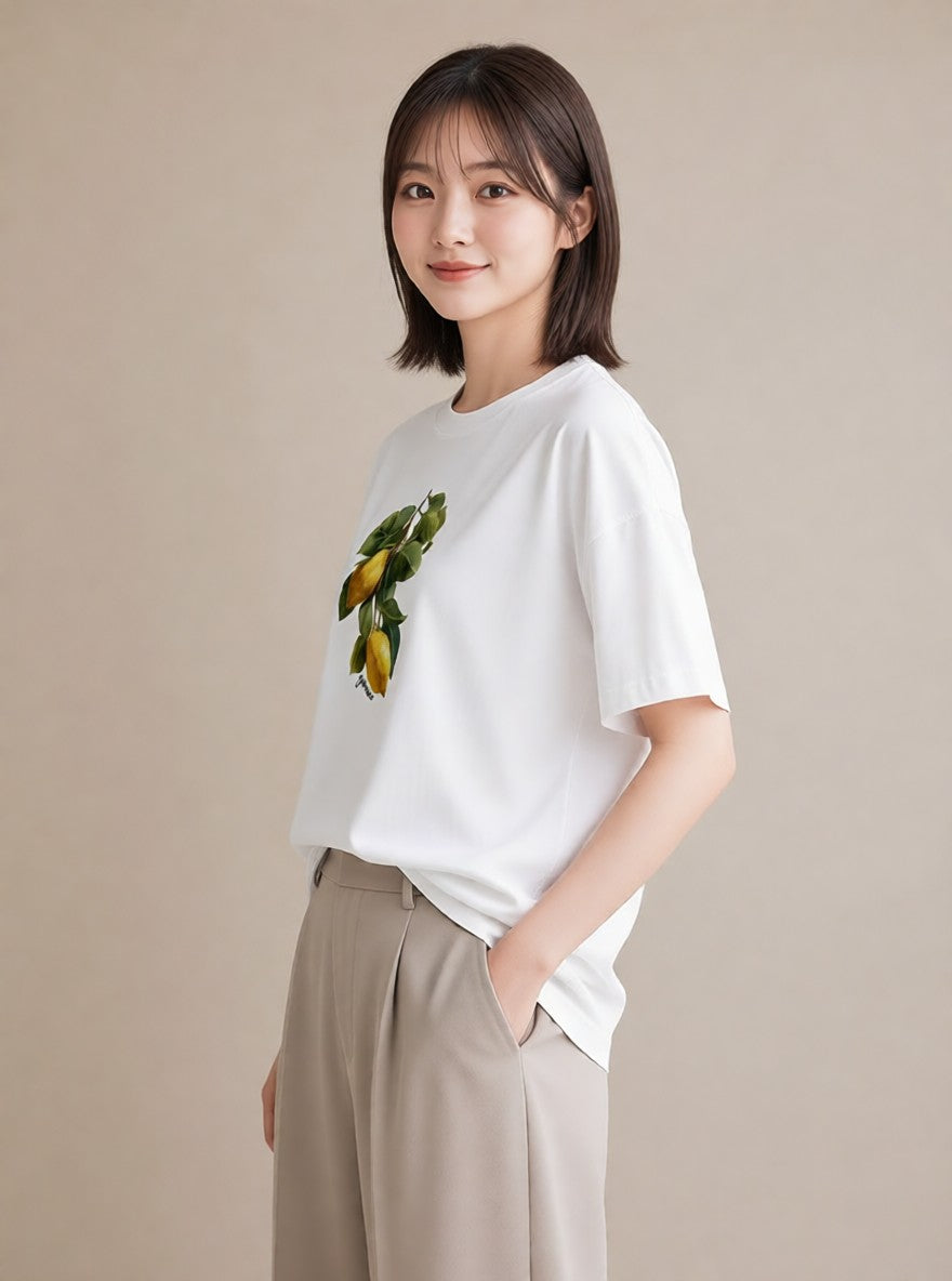 半袖Tシャツ レディース レモン 檸檬 食べ物 フード イラスト 普段使い 週末コーデ 敬老の日 白T YMAZO