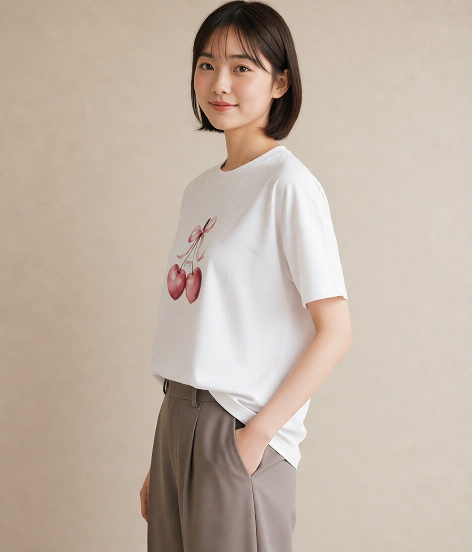 グラフィックTシャツ レディース さくらんぼ チェリー 食べ物 フード イラスト シック クリスマス 旅行 白T YMAZO