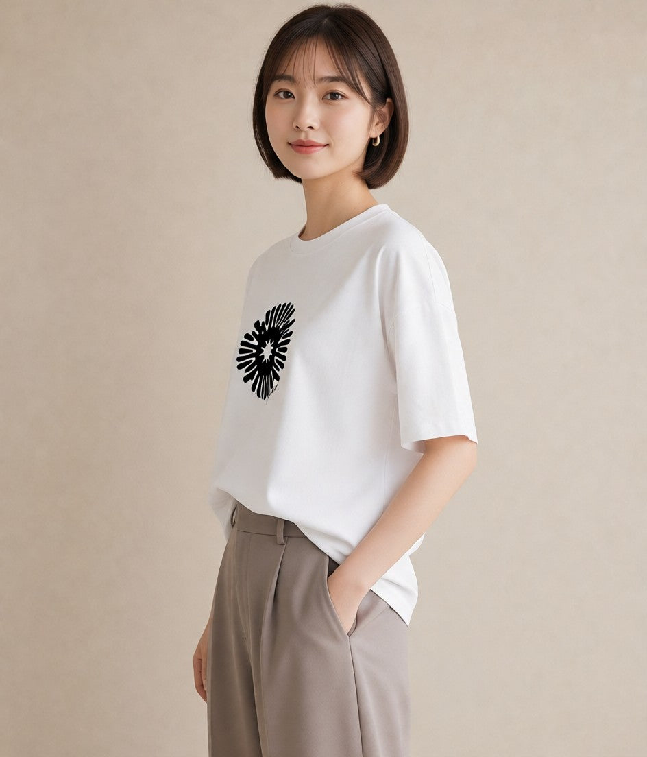 デザインTシャツ レディース 扇子 そよ風 ナチュラル アンティーク イラスト ラフ お揃い 親子 白T YMAZO