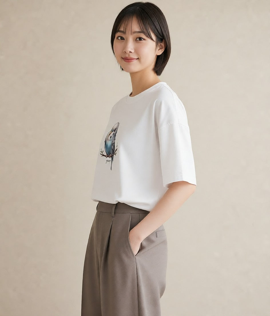 デザインTシャツ レディース ボタンインコ ペット 動物 イラスト レトロ 秋コーデ おしゃれギフト 白T YMAZO