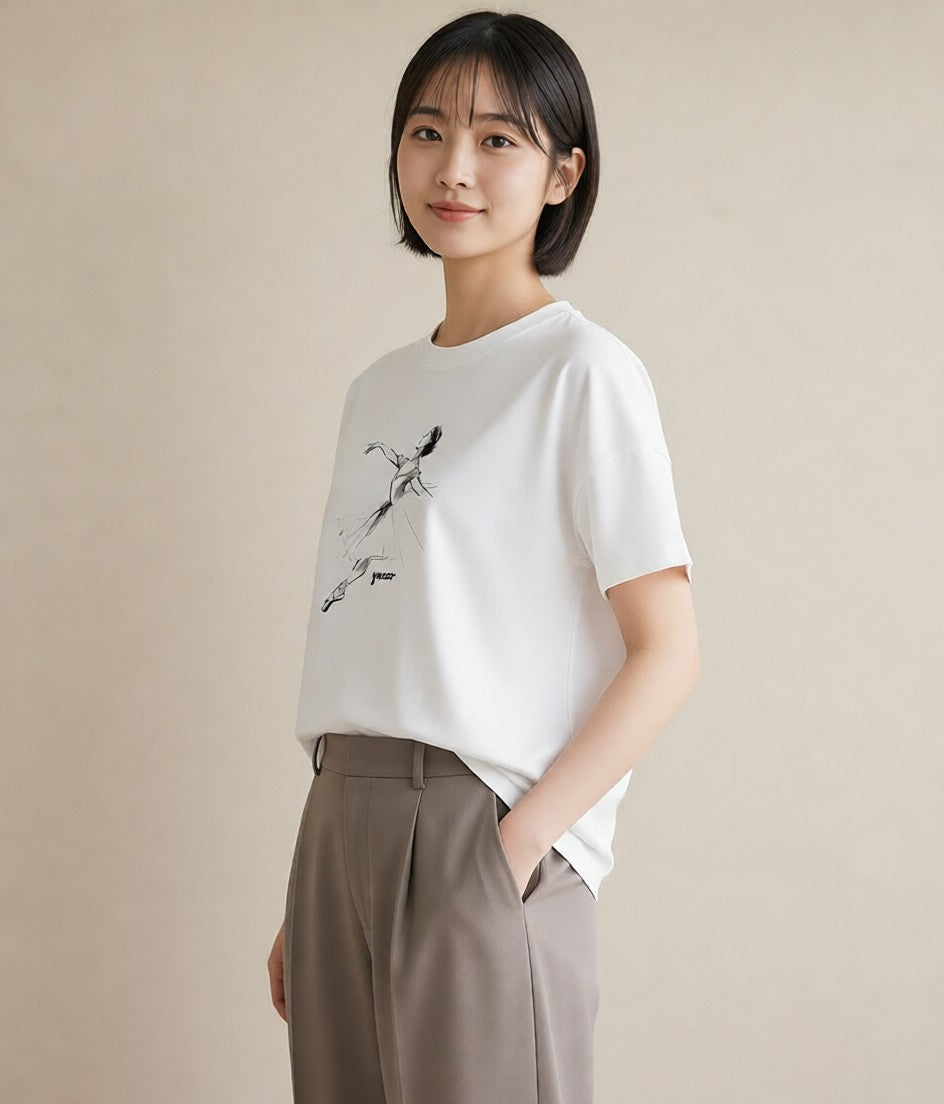 半袖Tシャツ レディース バレエシューズ バレエ トウシューズ ナチュラル アンティーク イラスト レイヤード 友達ギフト 白T YMAZO
