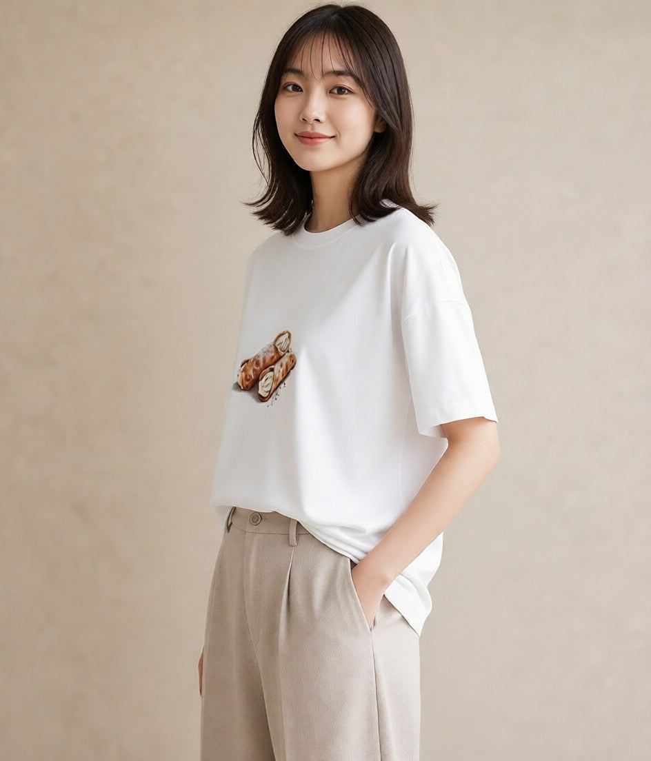 Tシャツ レディース ベーグル 食べ物 フード イラスト 休日コーデ 帰省 ラフ 白T YMAZO