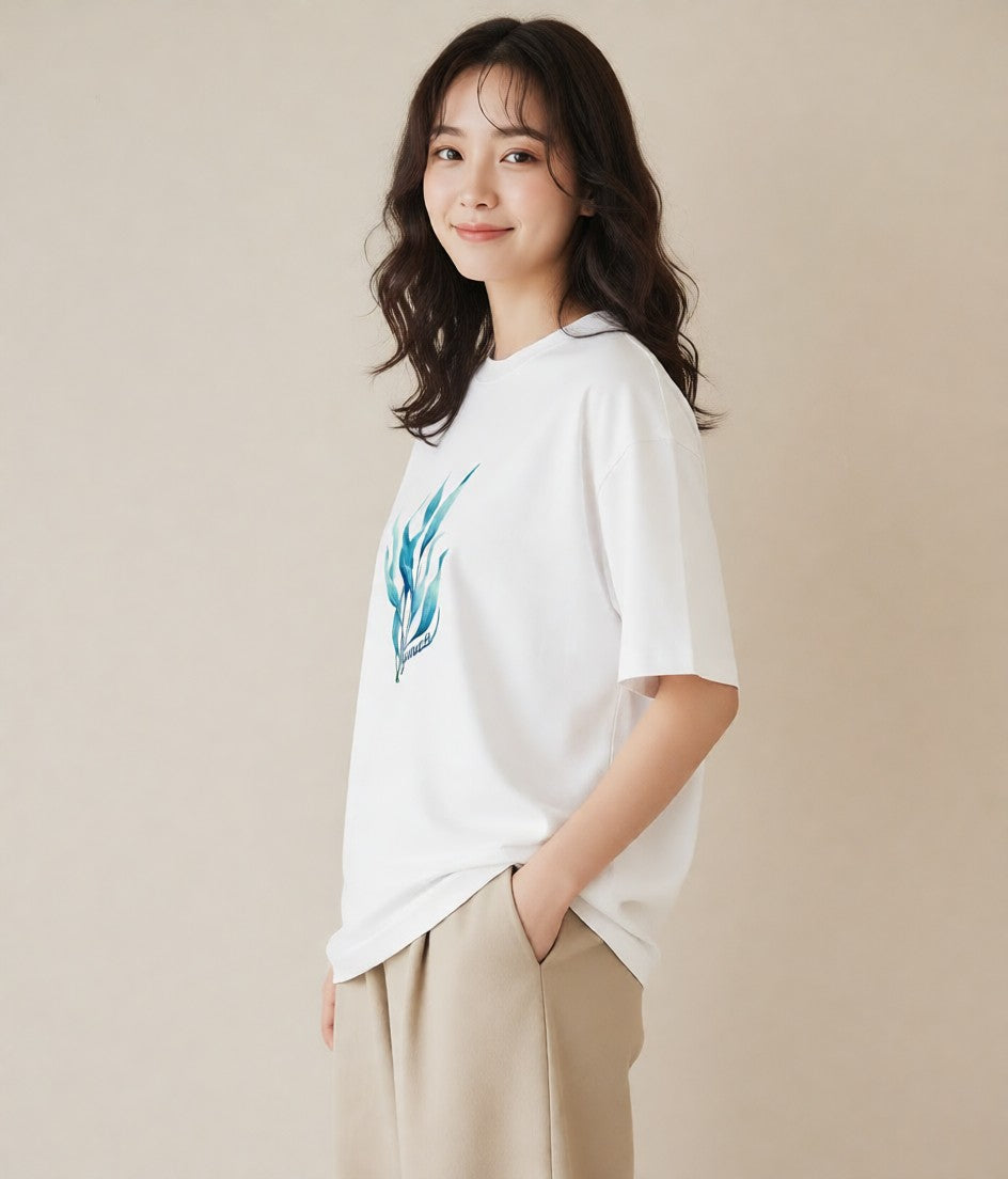 プリントTシャツ レディース 苔 植物 ボタニカル イラスト 韓国風 自分用 ルームウェア 白T YMAZO