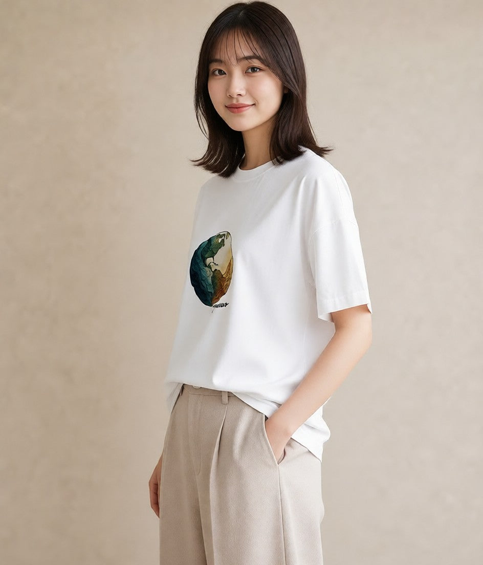 Tシャツ レディース プラネット 星空 宇宙 イラスト 淡色 綿100 デート 白T YMAZO