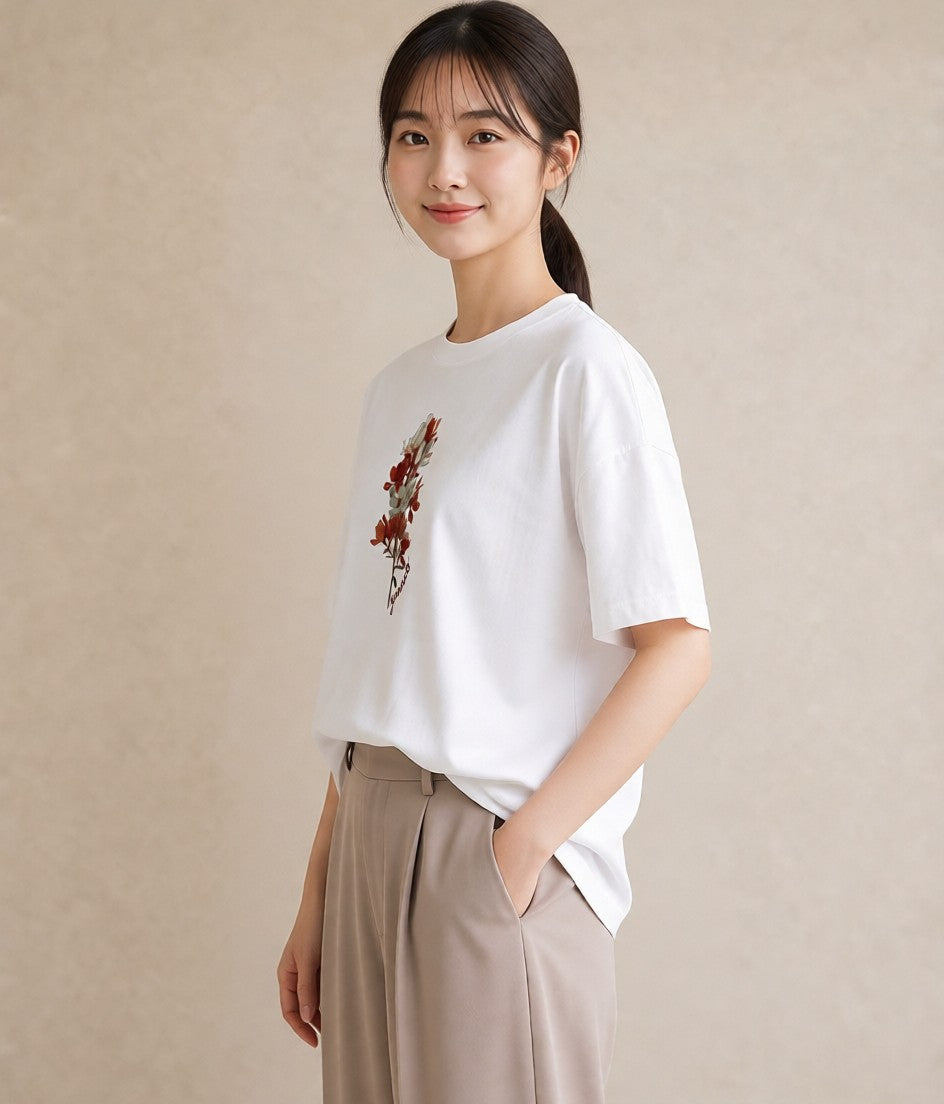 Tシャツ レディース ポスト 野の花 レトロ ナチュラル アンティーク イラスト シンプル 在宅 公園 白T YMAZO
