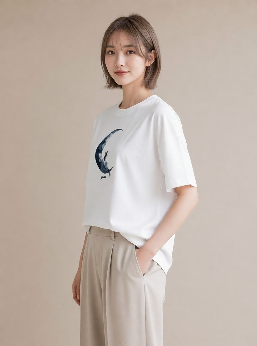 半袖Tシャツ レディース 三日月 星空 宇宙 イラスト ボタニカル お出かけ 普段着 白T YMAZO