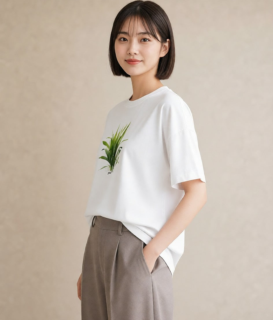 半袖Tシャツ レディース 芝生 植物 ボタニカル イラスト シンプル 20代 カジュアルコーデ 白T YMAZO