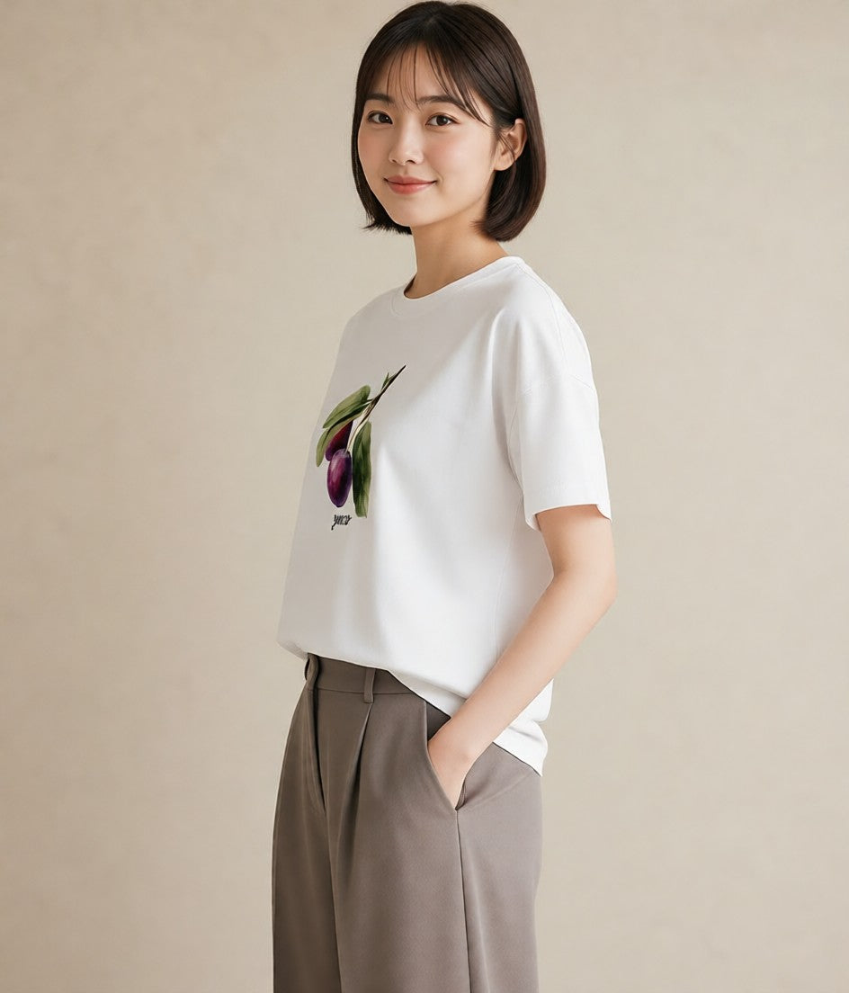 Tシャツ レディース 木の実 植物 ボタニカル イラスト シック 普段着 週末コーデ 白T YMAZO