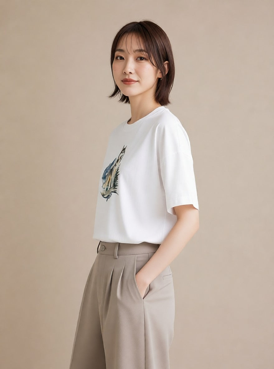 Tシャツ レディース シベリアンハスキー 犬 いぬ イラスト モード 綿100 デート 白T YMAZO