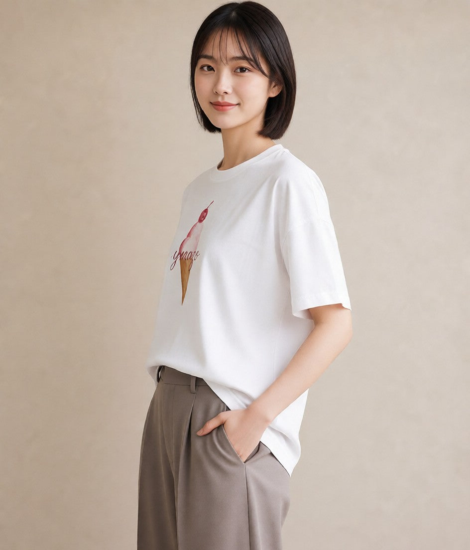 半袖Tシャツ レディース ポップコーン 食べ物 フード イラスト ゆるかわ 普段着 週末コーデ 白T YMAZO