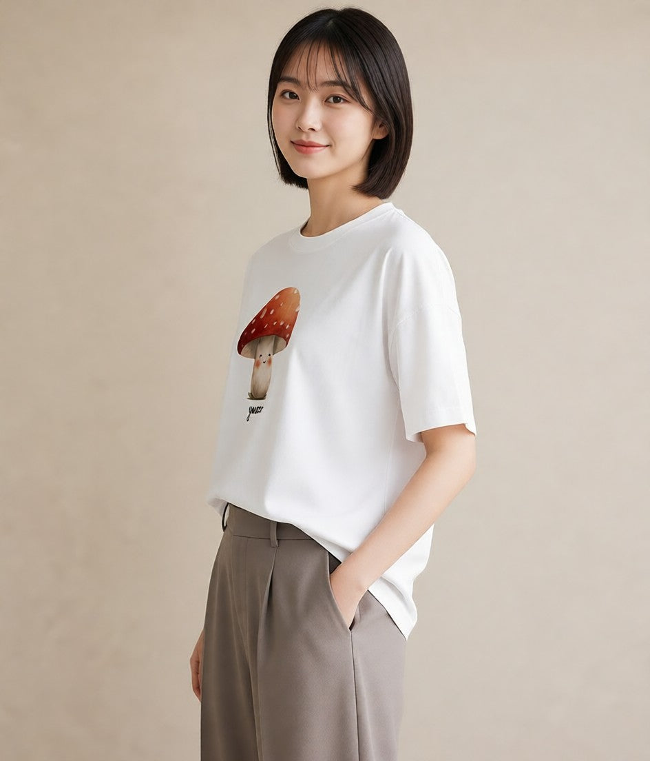 グラフィックTシャツ レディース きのこ 植物 ボタニカル イラスト ニュアンス 帰省 ラフ 白T YMAZO