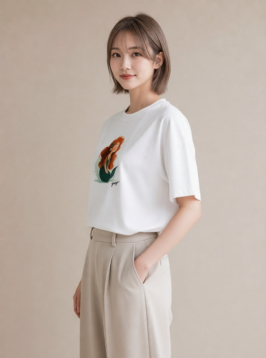 半袖Tシャツ レディース 人魚 海の生き物 海 イラスト 旅行コーデ 散歩 お出かけ 白T YMAZO