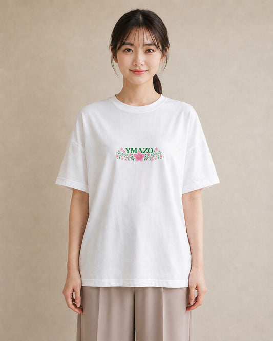 【受注生産】YMAZO Tシャツ レディース 半袖 ビッグシルエット 花柄 フローラル ボタニカル 花 ブーケ 白T 綿100% ホワイト M L ナチュラル フェミニン 韓国っぽい デート カジュアル ギフト 初夏|花あそび(大きめプリン