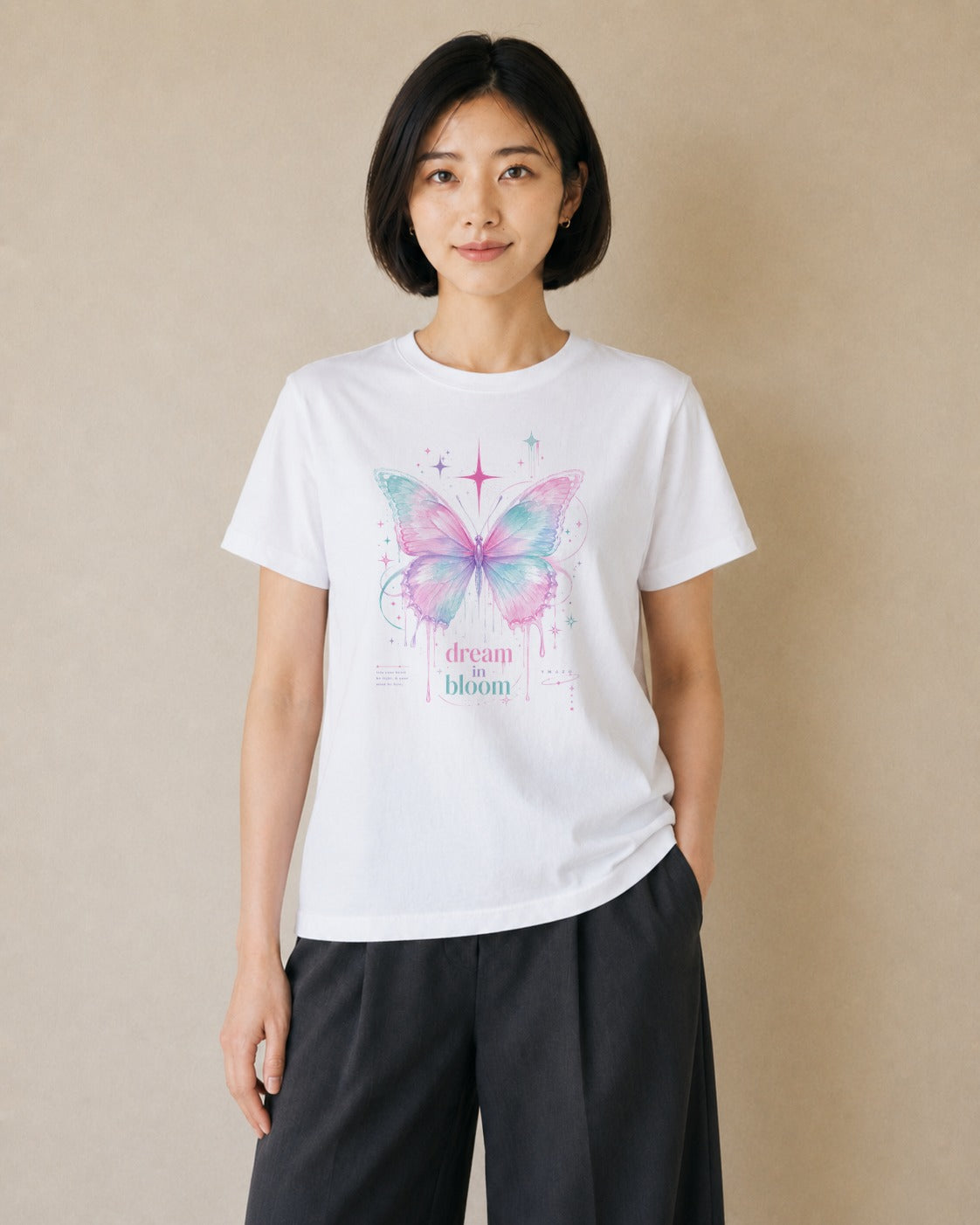 蝶夢花|水彩 半袖Tシャツ レディース(大きめプリント 20×25cm)