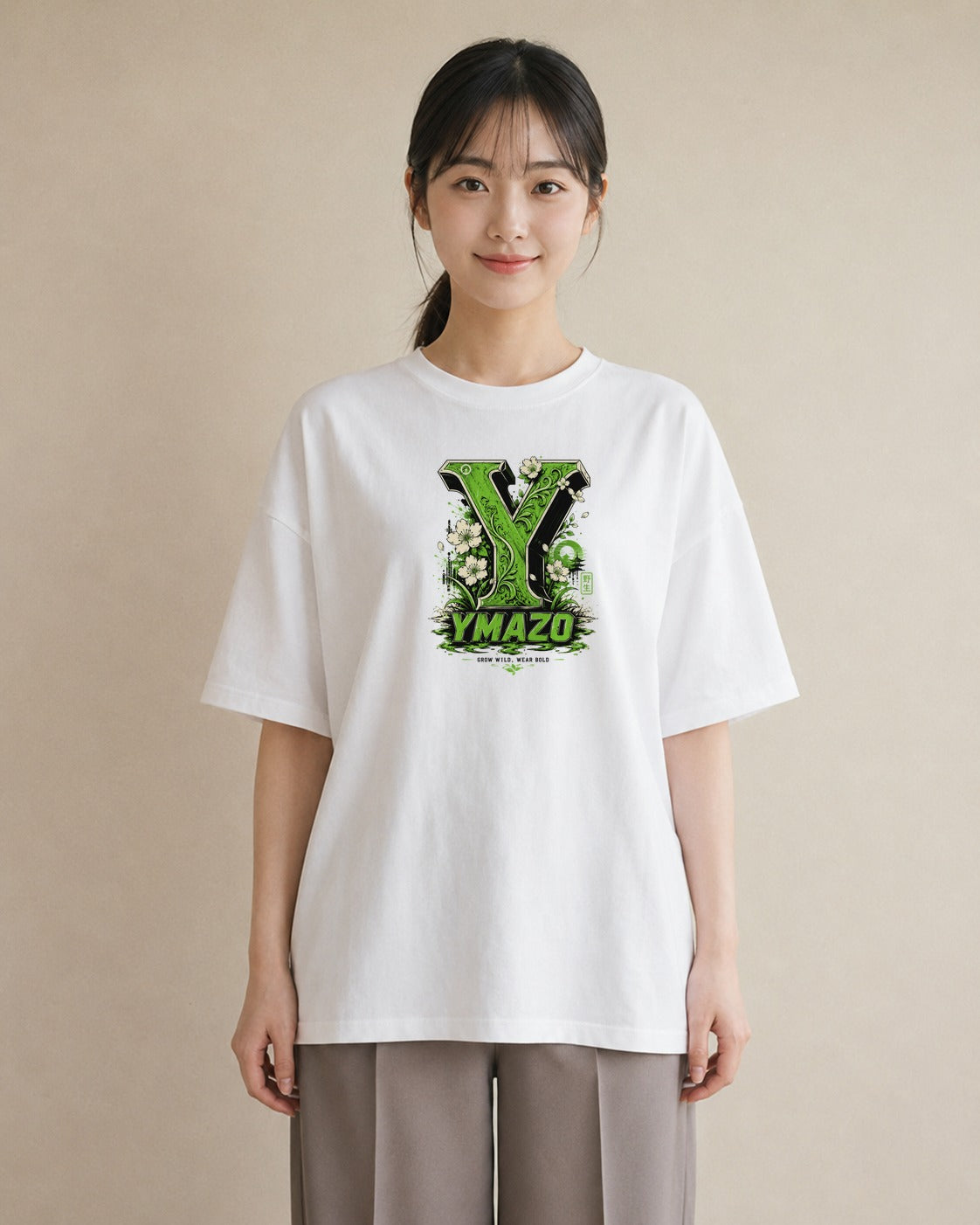 【受注生産】YMAZO Tシャツ レディース 半袖 オーバーサイズ いちご イチゴ 苺 ストロベリー フルーツ 白T 綿100% ホワイト M L 韓国っぽい フェミニン くすみカラー カジュアル デイリー ギフト|Y字ロゴ(大きめプリント