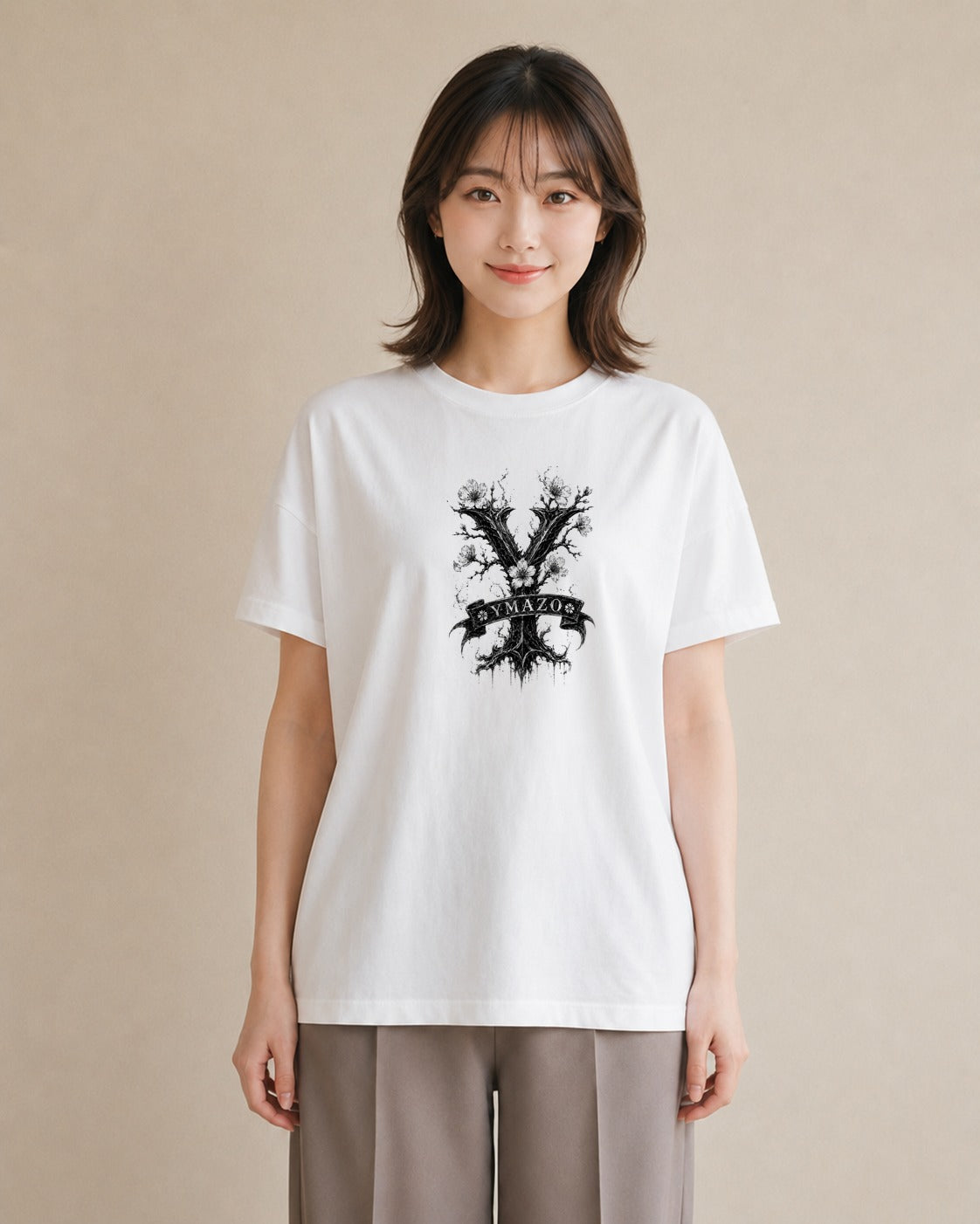 【受注生産】YMAZO Tシャツ レディース 半袖 ゆったり 花柄 フローラル ボタニカル 花 ブーケ 白T 綿100% ホワイト M L くすみカラー 韓国っぽい 大人可愛い リンクコーデ カジュアル 父の日 初夏|イニシャルY(スタンダ