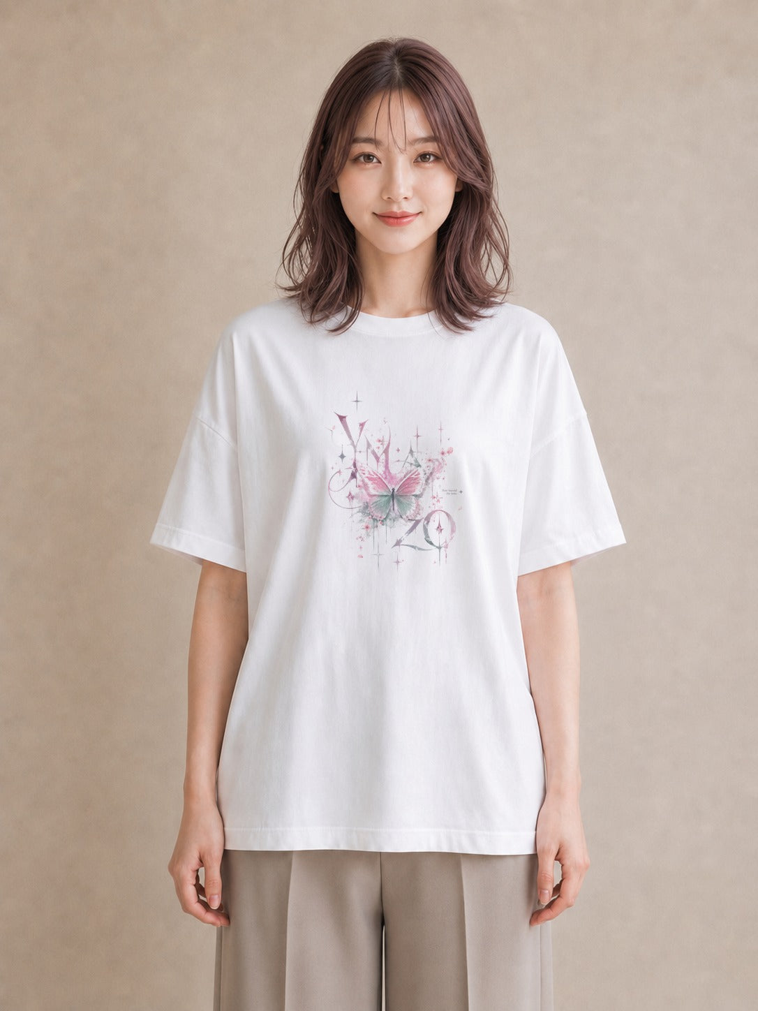 【受注生産】YMAZO Tシャツ レディース 半袖 オーバーサイズ 蝶 ちょうちょ バタフライ 蝶々 花柄 白T 綿100% ホワイト M L くすみカラー 大人可愛い フェミニン デイリー お出かけ 父の日 プレゼ|花あそび(大きめプリン