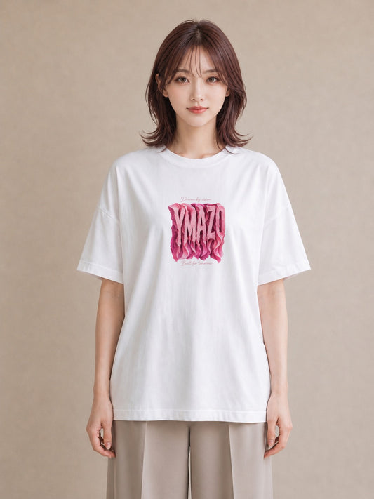 【受注生産】YMAZO Tシャツ レディース 半袖 オーバーサイズ ロゴ レター アルファベット 文字 イニシャル 白T 綿100% ホワイト M L 手描き くすみカラー 大人可愛い 通勤 推し活 2026新作 ギ|Y字ロゴ(大きめプリン
