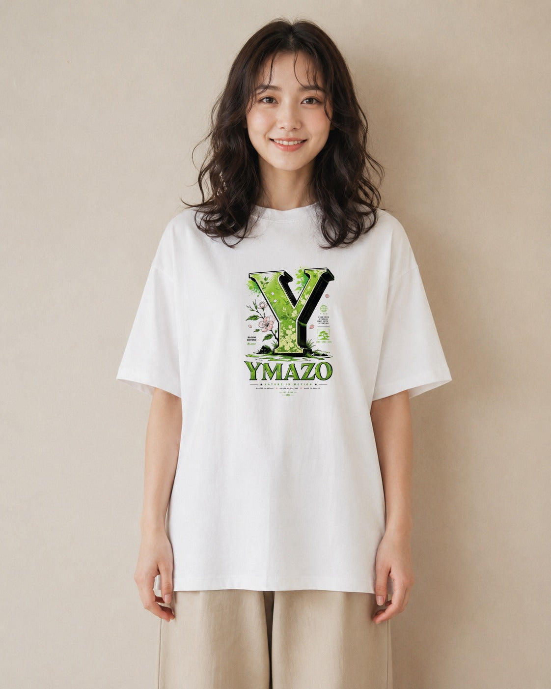 【受注生産】YMAZO Tシャツ レディース 半袖 オーバーサイズ 花柄 フローラル ボタニカル 花 ブーケ 白T 綿100% ホワイト M L ナチュラル フェミニン くすみカラー リンクコーデ お出かけ 初夏 プ|Y字ロゴ(スタンダード