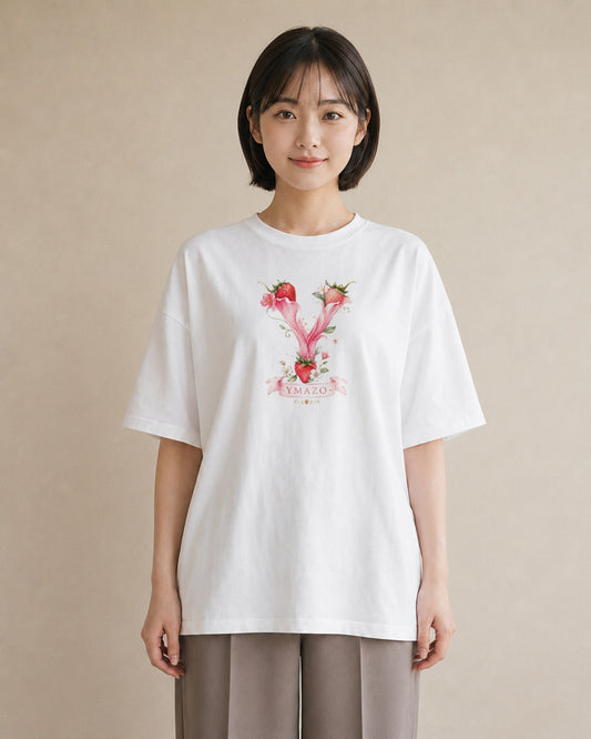 【受注生産】YMAZO Tシャツ レディース 半袖 ゆったり いちご イチゴ 苺 ストロベリー フルーツ 白T 綿100% ホワイト M L フェミニン 水彩 韓国っぽい 通勤 推し活 初夏 春夏 ギフト|イニシャルY(大きめプリント 20