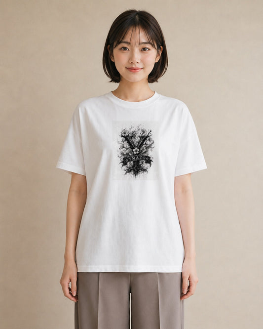 【受注生産】YMAZO Tシャツ レディース 半袖 ビッグT 花柄 フローラル ボタニカル 花 ブーケ 白T 綿100% ホワイト M L ナチュラル 手描き くすみカラー お出かけ 推し活 プレゼント 春夏 初夏|Y字ロゴ(スタンダードプ