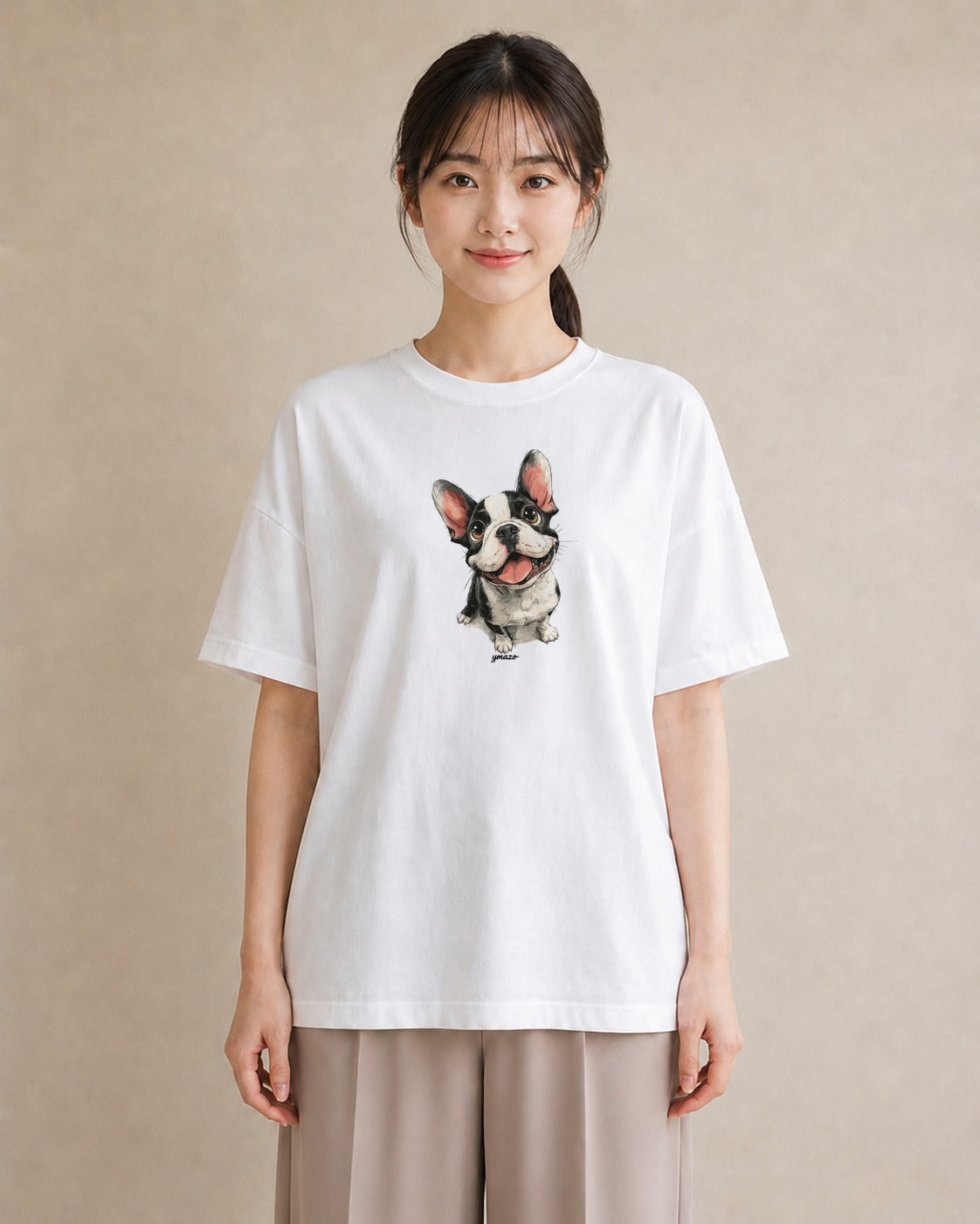 プリントTシャツ レディース フレンチブルドッグ フレブル 犬 いぬ イラスト 上品 ラフ レイヤード 白T YMAZO