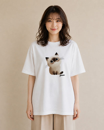 Tシャツ レディース ペルシャ 猫 ねこ イラスト 淡色 綿100 デート 白T YMAZO