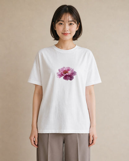 半袖Tシャツ レディース 牡丹 花 花柄 イラスト お洒落 デイリーウェア 休日 白T YMAZO