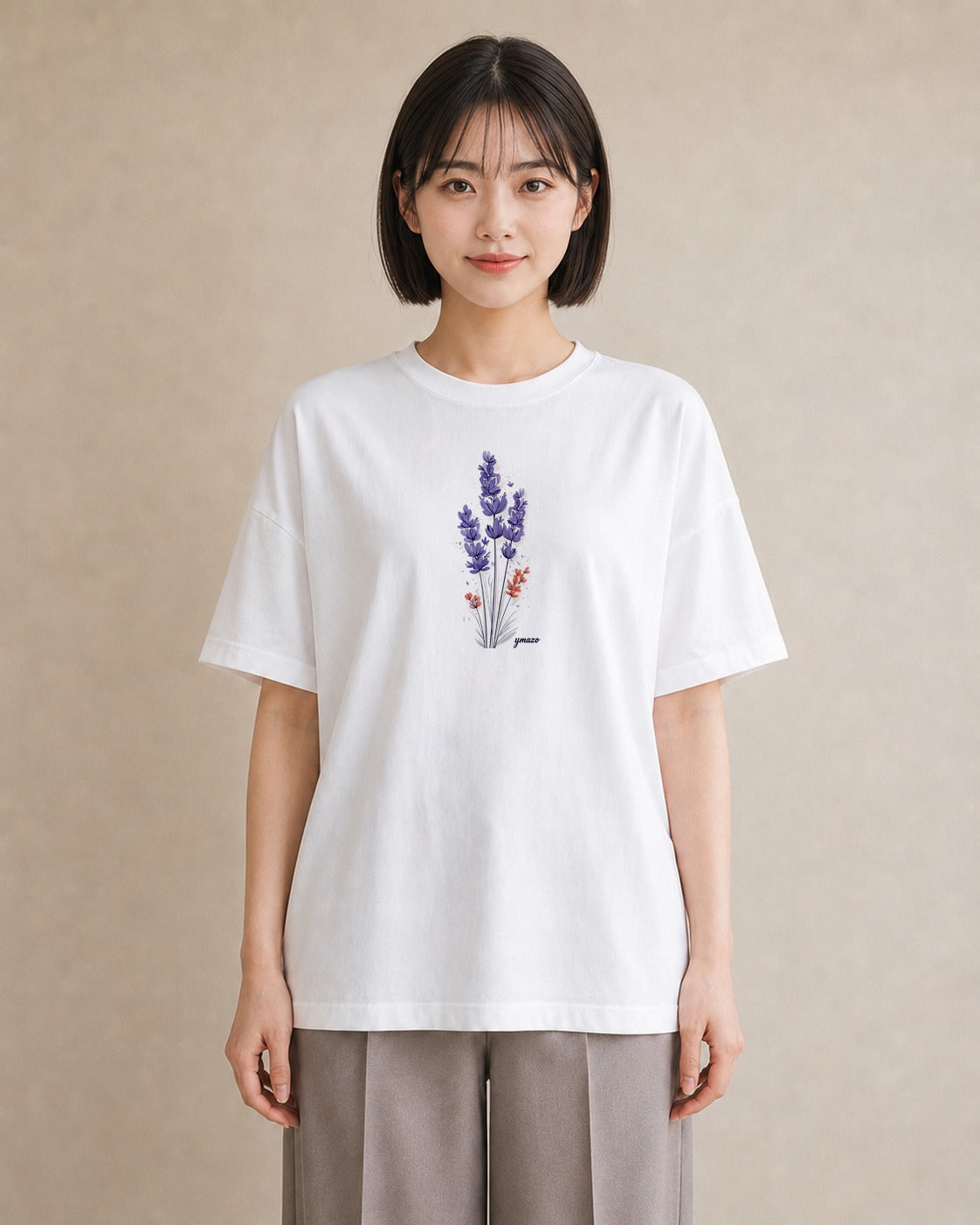 Tシャツ レディース ラベンダー 花 花柄 イラスト ミニマル ラフ レイヤード 白T YMAZO