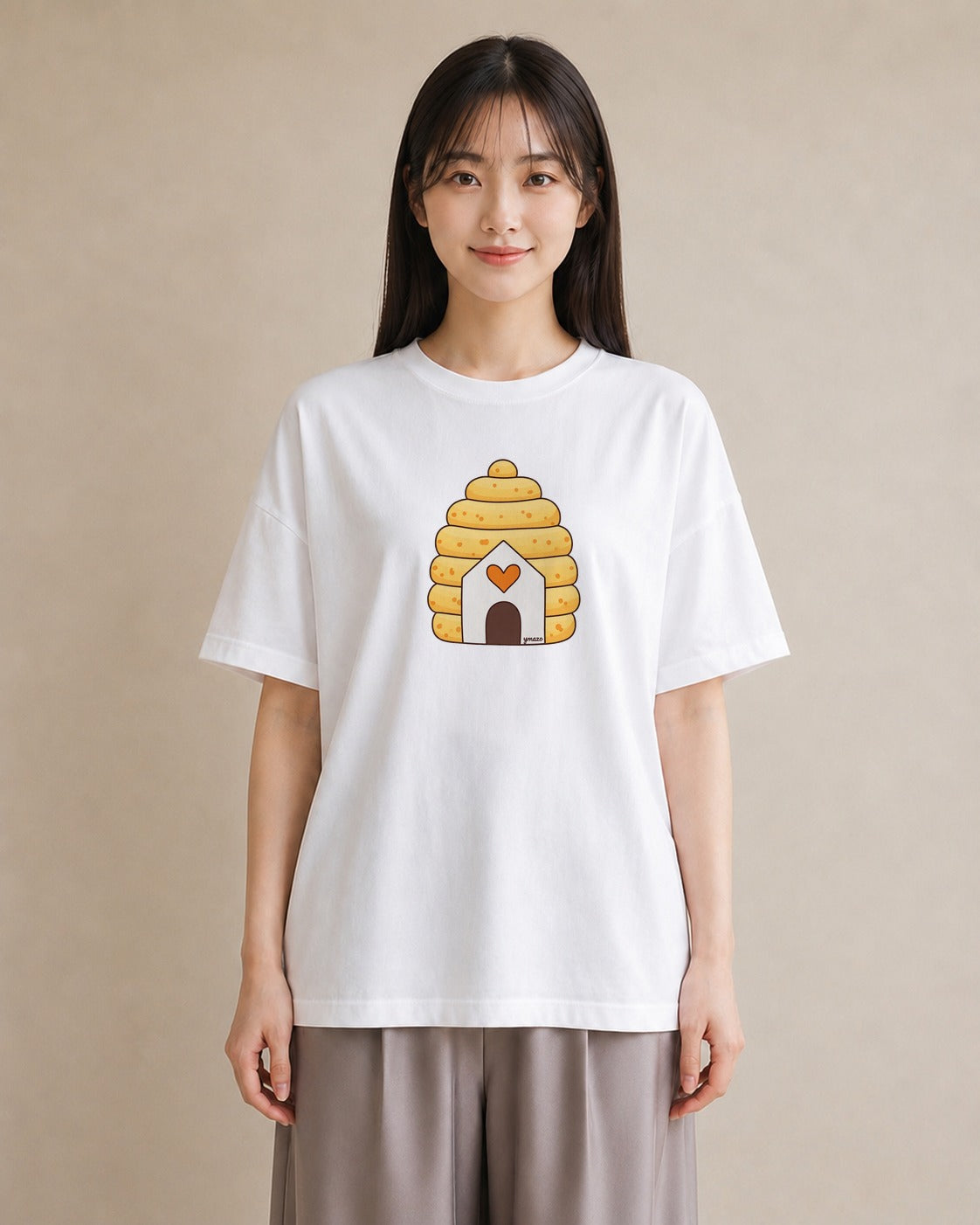 プリントTシャツ レディース ハニー 食べ物 フード イラスト 韓国風 買い物 夏コーデ 白T YMAZO