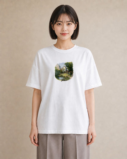 半袖Tシャツ レディース 雨上がりのベンチ ベンチ ナチュラル アンティーク イラスト 水彩風 お出かけ 普段着 白T YMAZO