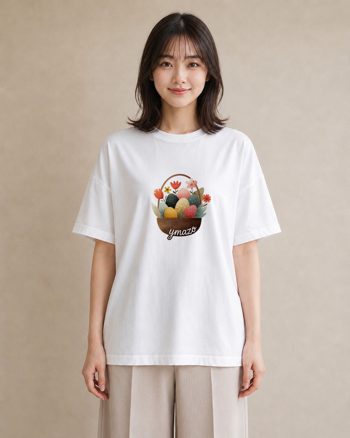 プリントTシャツ レディース 自転車のかご 自転車 花かご ナチュラル アンティーク イラスト 個性的 自分用 ルームウェア 白T YMAZO