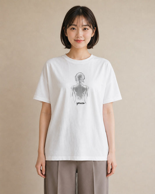 半袖Tシャツ レディース 女の子 ガール 後ろ姿 イラスト ヴィンテージ風 買い物 夏コーデ 白T YMAZO