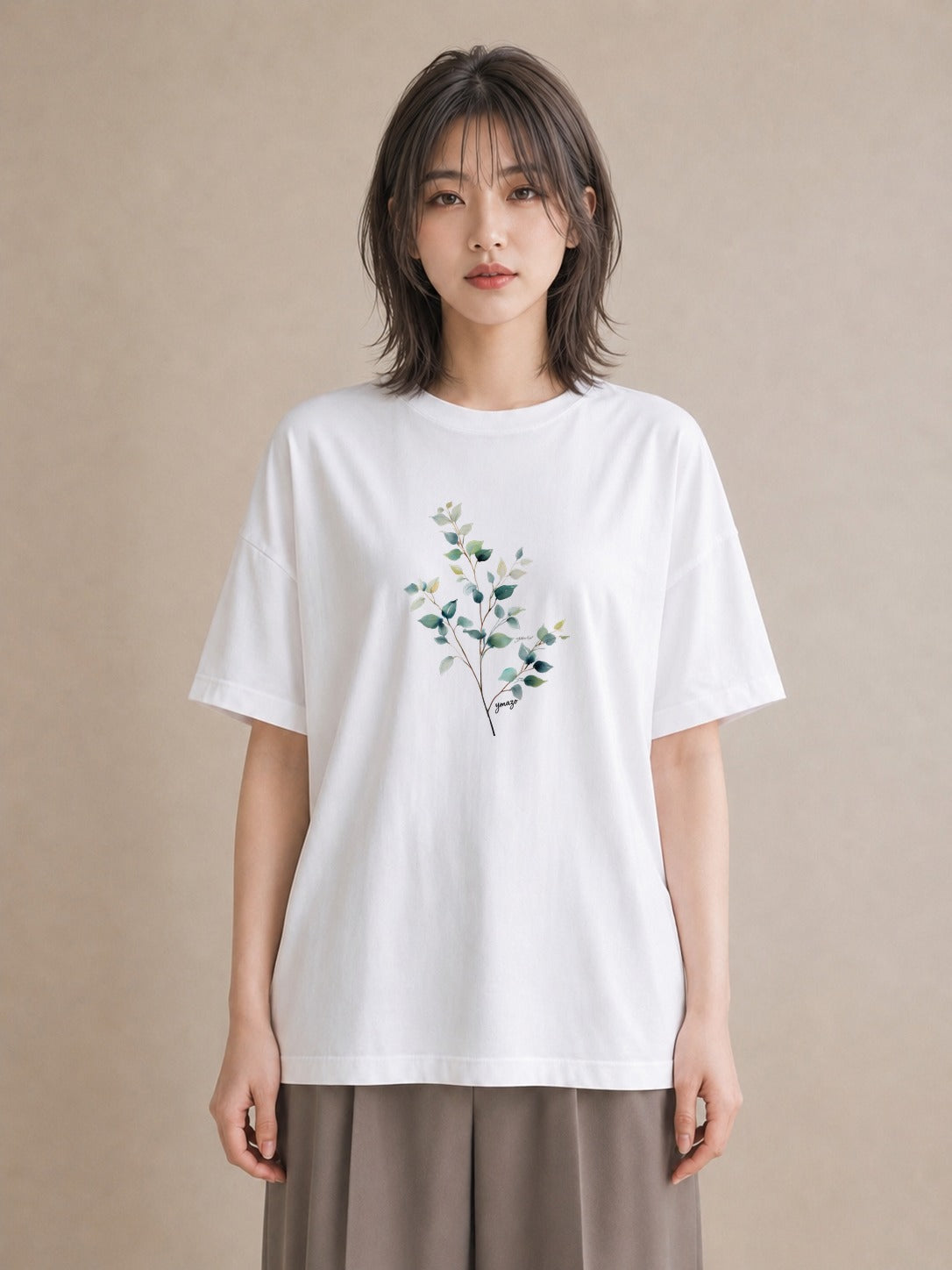 Tシャツ レディース 新緑 植物 ボタニカル イラスト ゆるコーデ カフェ巡り 女子会 白T YMAZO