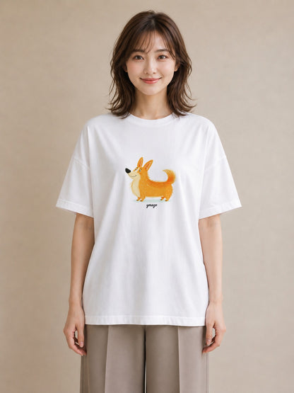 デザインTシャツ レディース ウェルシュコーギー コーギー 犬 いぬ イラスト 休日コーデ 普段着 週末コーデ 白T YMAZO