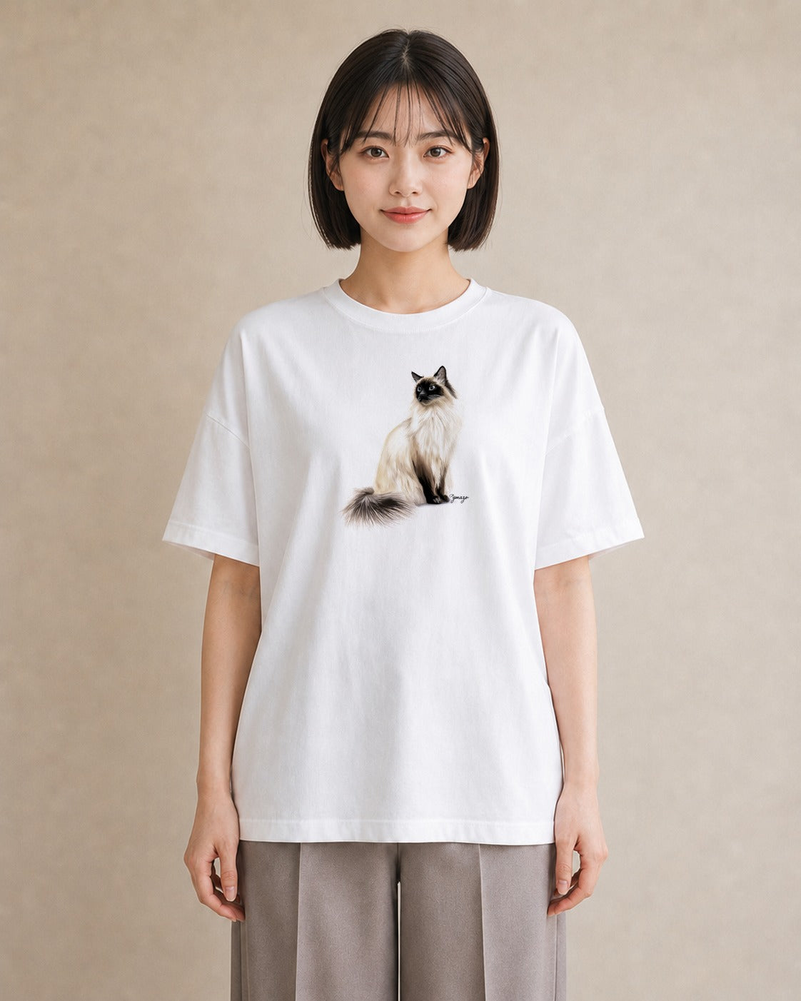デザインTシャツ レディース ぶち猫 猫 ねこ イラスト ニュアンス カフェ服 クリスマス 白T YMAZO