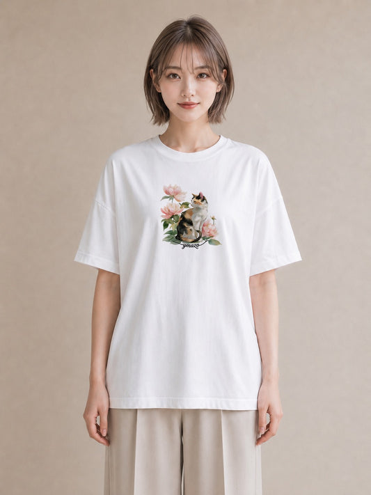 グラフィックTシャツ レディース おすわり猫 猫 ねこ イラスト 可愛い 週末コーデ 敬老の日 白T YMAZO