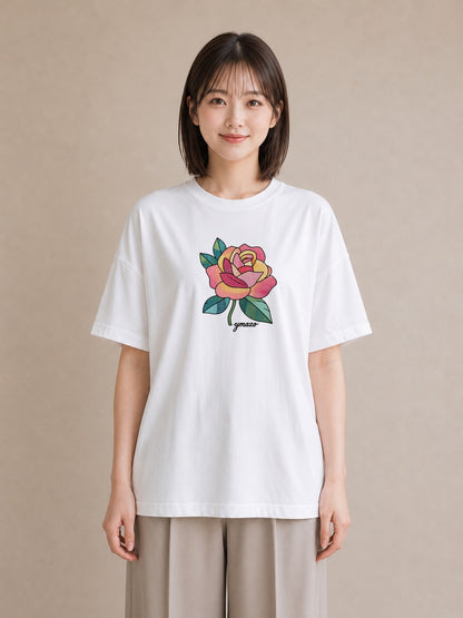 Tシャツ レディース バラ 薔薇 ローズ 花 花柄 イラスト ヴィンテージ風 レイヤード 友達ギフト 白T YMAZO