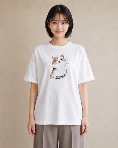 プリントTシャツ レディース 白猫 猫 ねこ イラスト ゆるコーデ 海 カフェ巡り 白T YMAZO